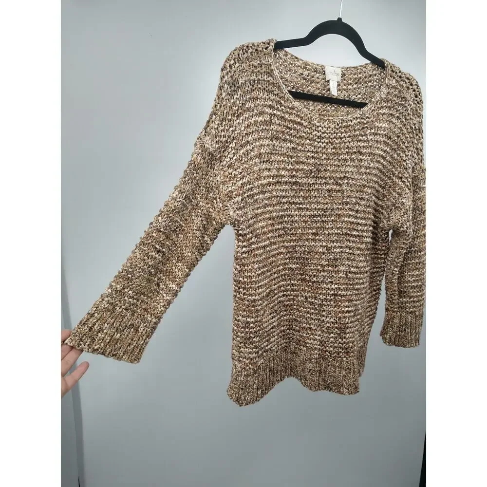 Chico's Sweater 2 L Textured Sherri Pullover‎ Marled Knit 3/4 Sleeve Neutral
